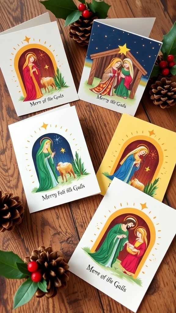 Handmade Christmas cards with nativity scenes displayed on a wooden table, surrounded by festive decorations.